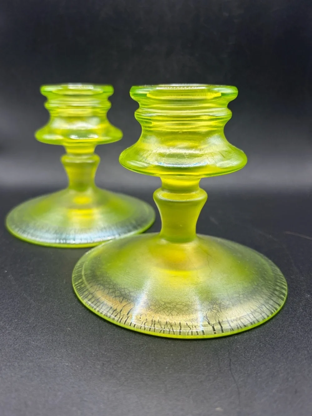 Vintage Vaseline Onion Skin Stretch Glass Uranium Candlesticks Candle Holders